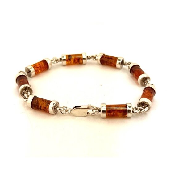 Estate Sterling Silver 925 Baltic Amber Barrel Link Bracelet 7.5” 15.1g Marked - Picture 2 of 8